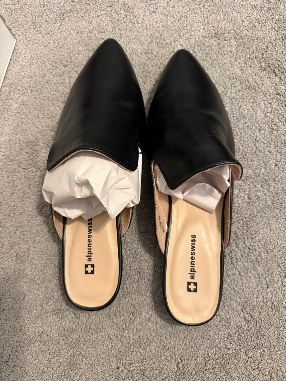 Alpine Swiss Black Pointed Leather Slip-On Mules